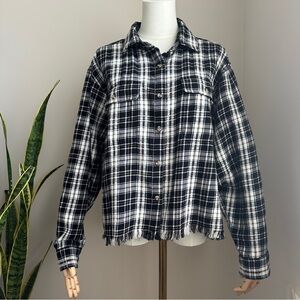 Lucky Brand Raw Hem Cropped Plaid Flannel Shirt Black White Women's L
